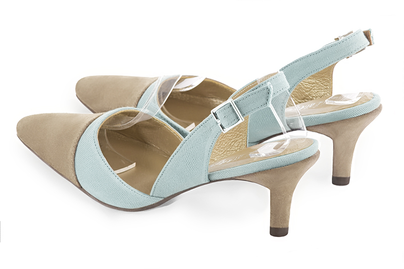 Sand beige and sky blue women's slingback shoes. Tapered toe. Medium slim heel. Rear view - Florence KOOIJMAN